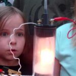 young girl looking at electric light experiment