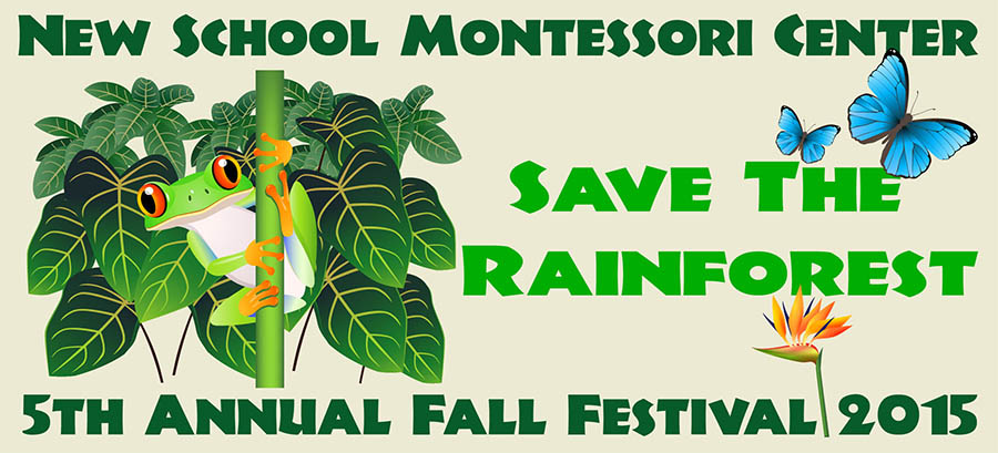 New School 2015 Fall Festival Logo shows a frog on branch wth leaves behind and "Save the Rainforest" with two blue butterflies and a bird of paradise flower