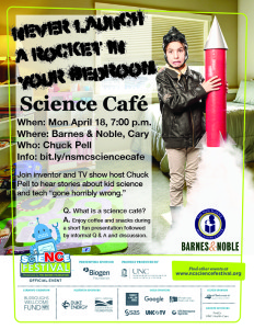 8x11 flyer for science cafe event never launch a rocket in your bedroom with a boy in a bedroom holding a rocket and event information