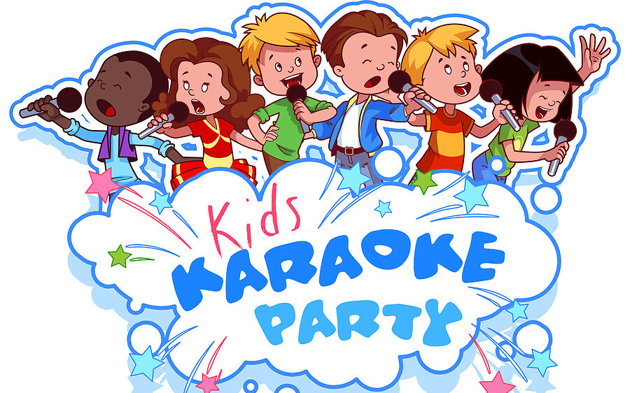 Cartoon children sing with a microphone. Logo template for children's karaoke party. Vector clip art illustration on a white background.