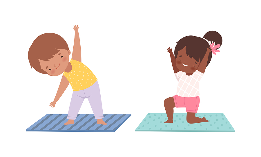 Cute Boy and Girl Doing Yoga Standing in Asana on Mat Vector Set