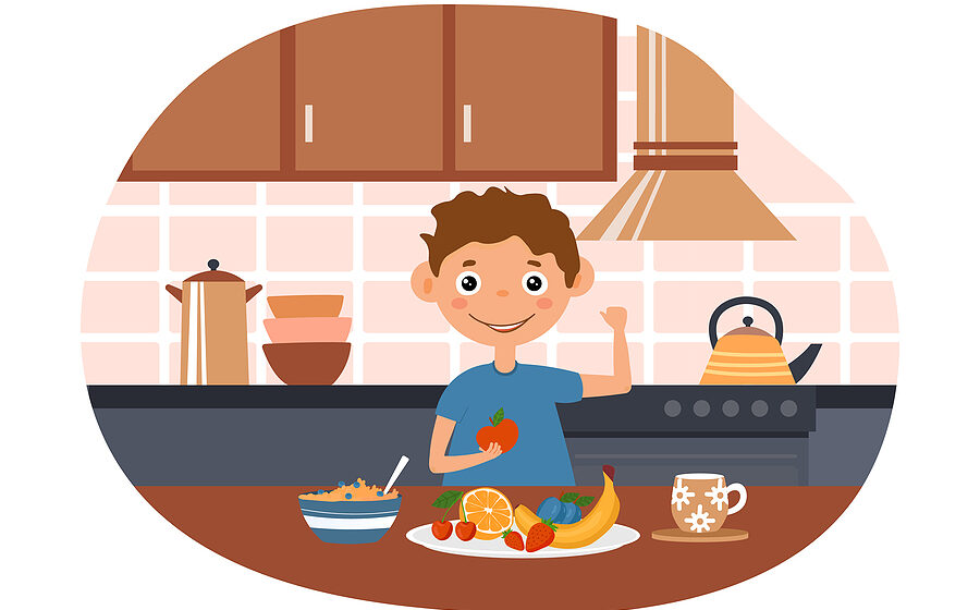 Cute little boy is eating fruits and showing his strength in the kitchen. Concept of little male character eating fresh healthy food to grow up strong and healthy. Flat cartoon vector illustration