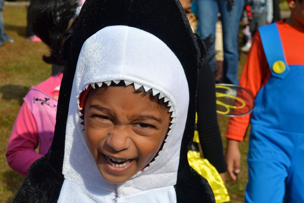 young African American boy dressed as a shark for halloween