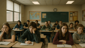 Bored middle school students sitting in a traditional classroom, showing signs of disengagement and lack of motivation. The photorealistic image depicts teens slouched at their desks under fluorescent lights, reflecting the teen disengagement crisis in education.