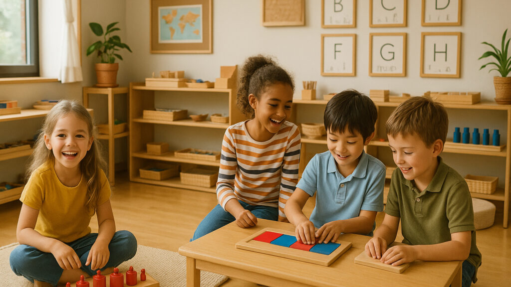 Children engaged in joyful, hands-on learning in a Montessori classroom. The students collaborate with Montessori materials in a calm, light-filled environment that highlights independence, focus, and mixed-age learning.