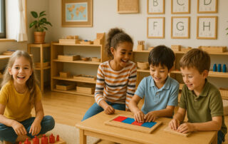 Children engaged in joyful, hands-on learning in a Montessori classroom. The students collaborate with Montessori materials in a calm, light-filled environment that highlights independence, focus, and mixed-age learning.