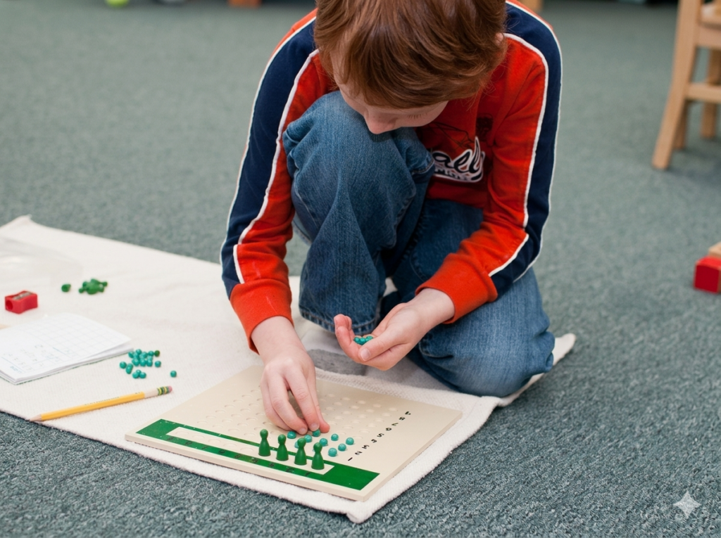 a boy working on a bead work for multiplication in The New School Montessori Center